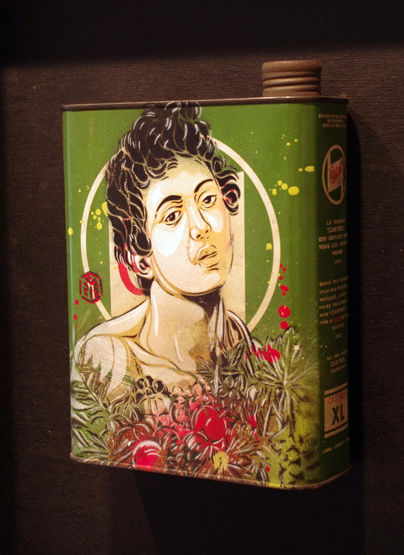 C215 "Boy with a Basket of Fruit" Mixed Media Stencil on Found Metal -------- 