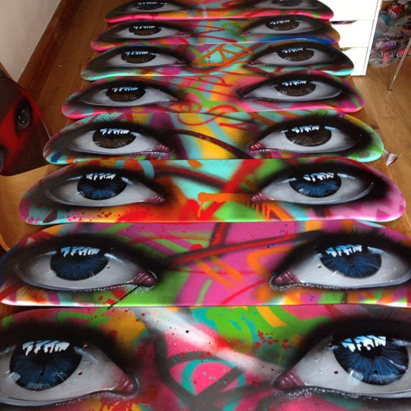 My Dog Sighs "Graff Eyes Edition 1, 8/10" Spray paint and oil on skateboard -------- 