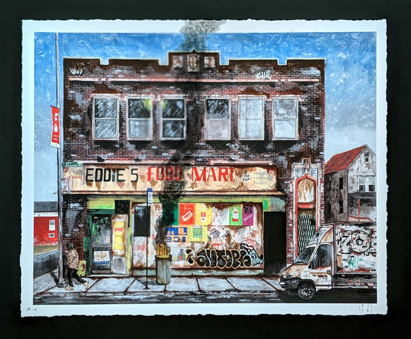 Pizza In The Rain "Eddie’s Food Mart Hand Embellished Print #1"