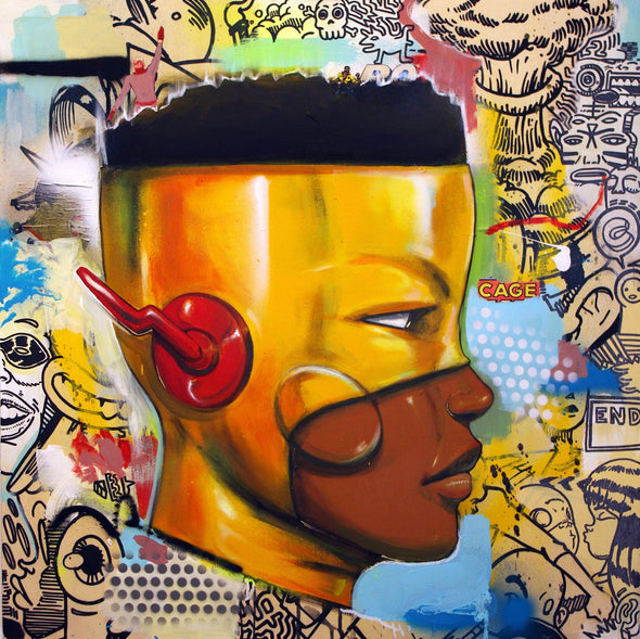 Hebru Brantley "Am I welcome there?" Mixed Media, Drawing on Wood Vertical Gallery 