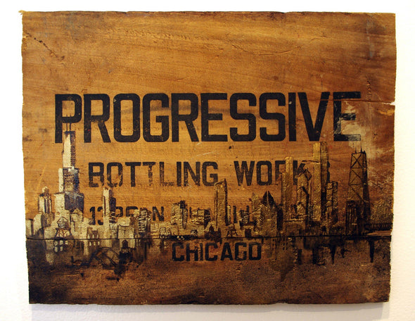 Xenz "Progressive Bottling Works Skyline" Mixed Media, Drawing on Wood -------- 