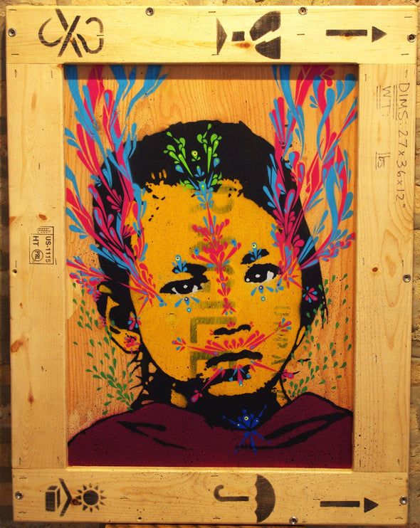 Stinkfish "Lalitpur Girl 1" Mixed Media Stencil on Wood -------- 