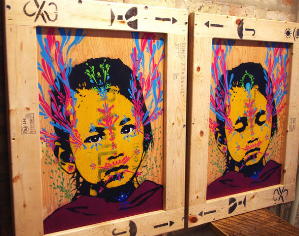 Stinkfish "Lalitpur Girl 1" Mixed Media Stencil on Wood -------- 