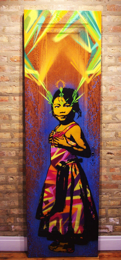 Stinkfish "Swayambhunath Girl" Mixed Media Stencil on Wood -------- 