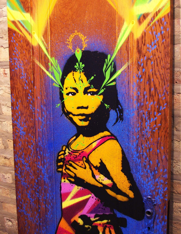 Stinkfish "Swayambhunath Girl" Mixed Media Stencil on Wood -------- 