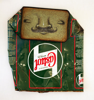 My Dog Sighs "I used to be carried in the arms of cheerleaders" Painted found cans -------- 