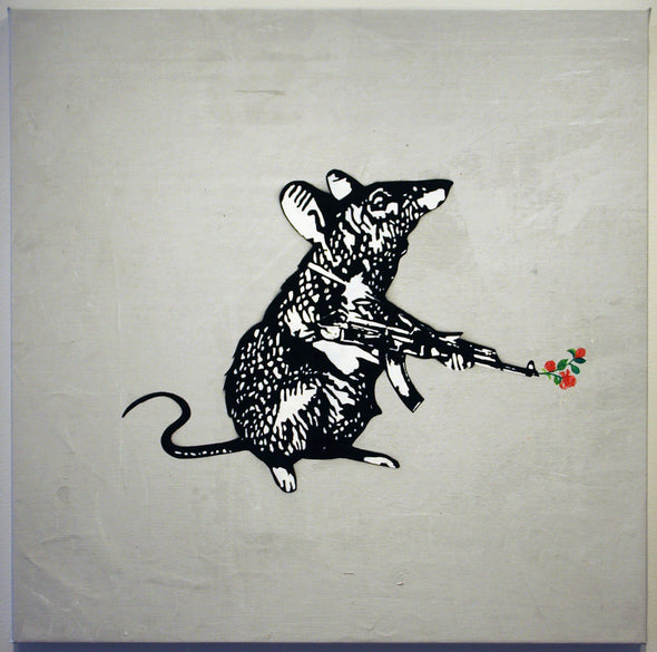 Spray Paint On Canvas - Blek Le Rat "Rat With Gun Flowers"
