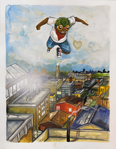 Hebru Brantley "Sky high (no money for cocaine)" Watercolor on paper Vertical Gallery 